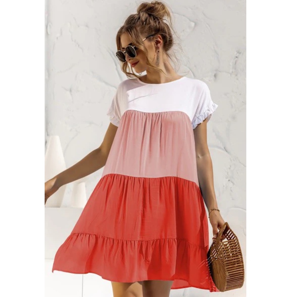 TRENDSI | Color Block Round Neck Ruffle Hem Dress - Picture 3 of 9